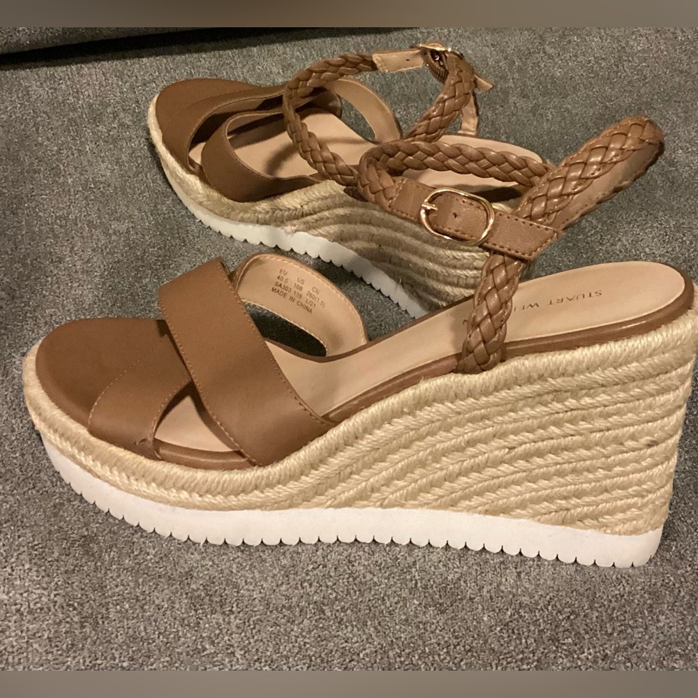 New Stuart Weitzman Mykonos Leather Espadrille Wedge Sandals Camel/Brown Size 10 - Picture 4 of 8